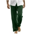 thumbnail image 3 of BiZtdJrK Mens Linen Dress Pants Drawstring Elastic Waist Straight Lounge Trousers with Pockets Beach Vacation Clothes, Army Green, XL, 3 of 7