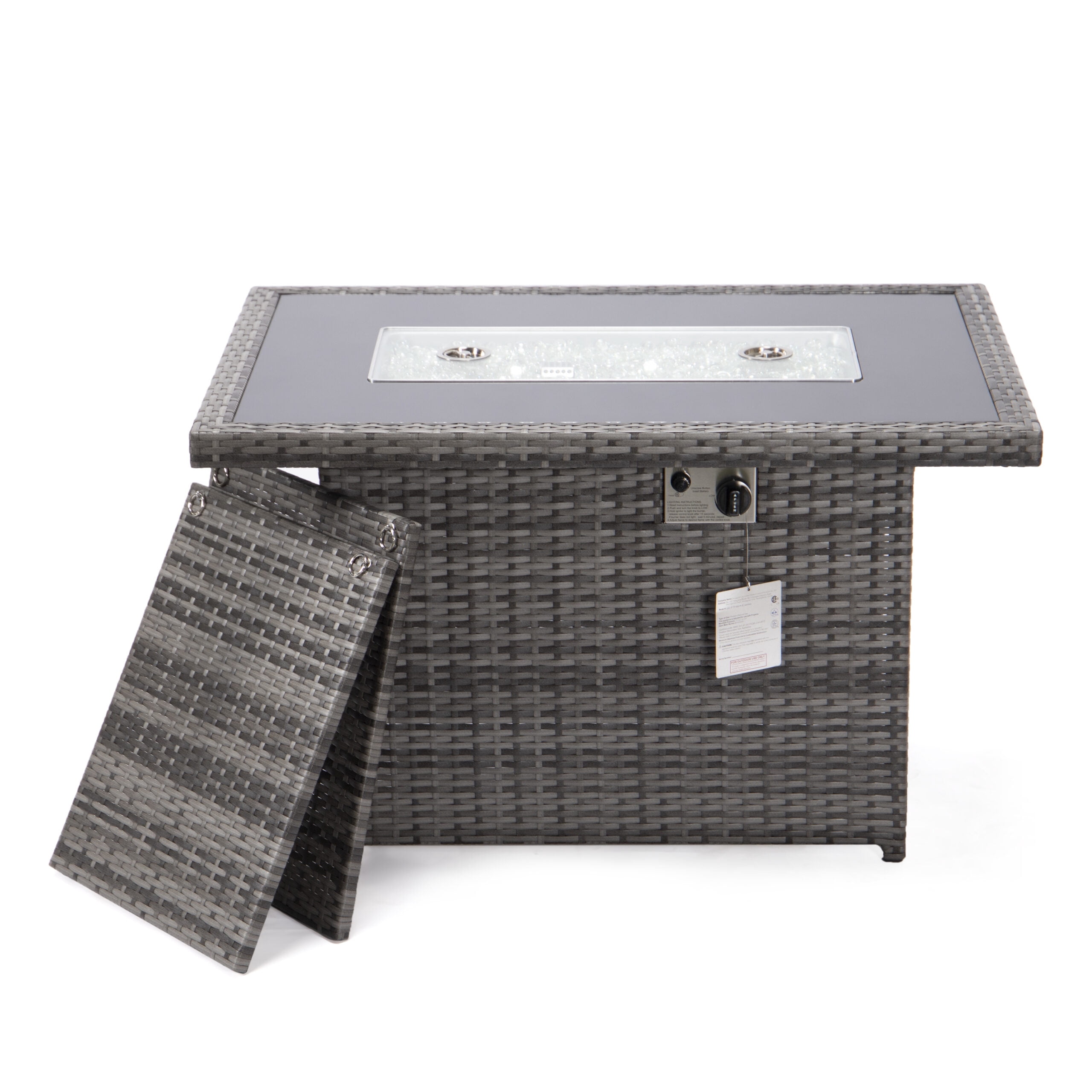 LeisureMod Wicker 55,000 BTU Fire Pit Table with Removable Lid and Tempered Glass Shield Propane Tank Storage for Modern Home, Patio, Backyard Garden Mace Collection in Grey