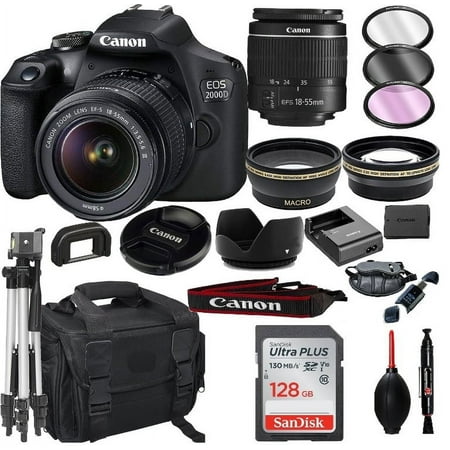 Canon EOS 2000D (Rebel T7) DSLR Camera with 18-55mm f/3.5-5.6 Zoom Lens + + 128GB Card Tripod and One Stop Shop Cloth