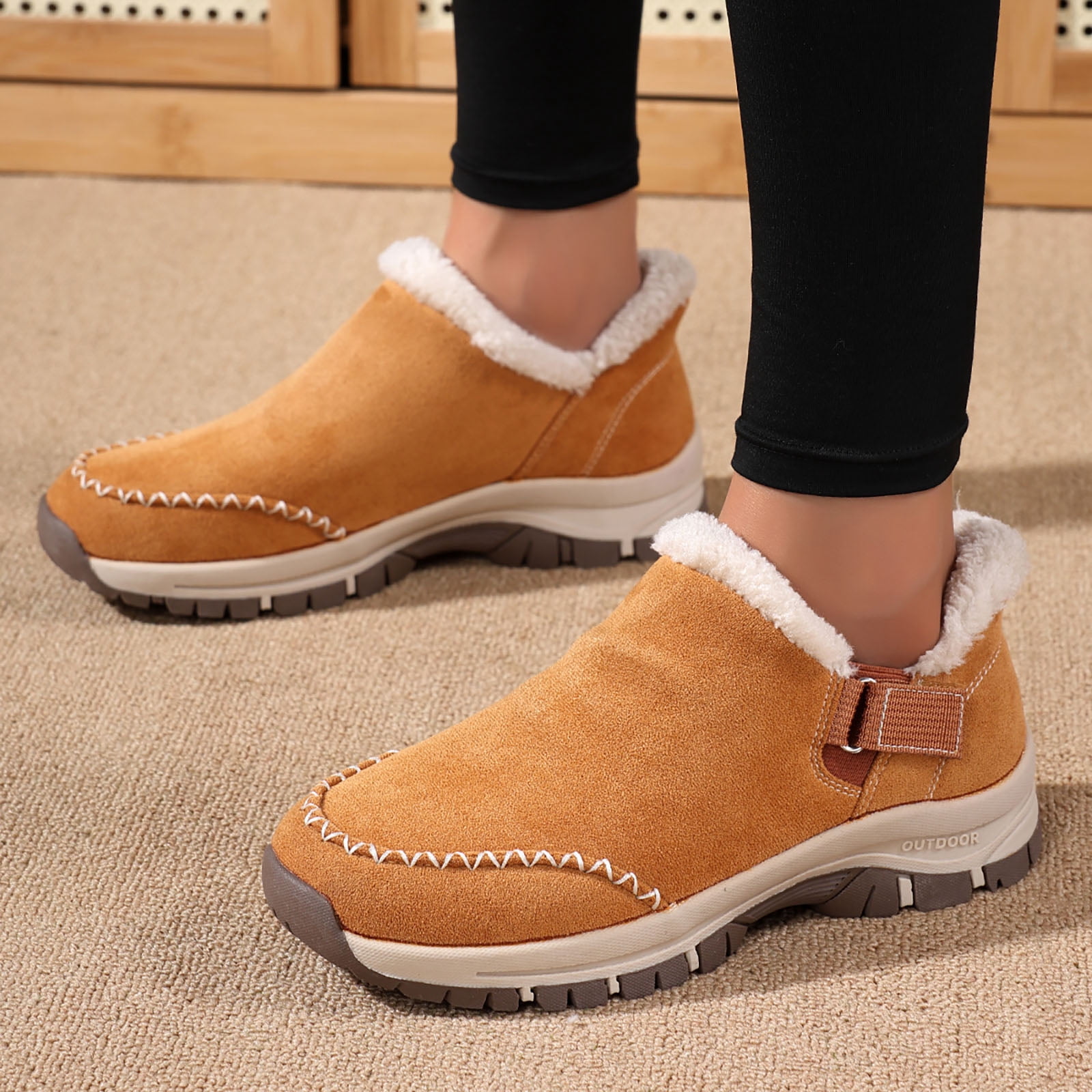Dakaela Womens Winter Snow Boots Fleece Lined Hiking Slip on Loafers Sneakers Outdoor Plush Short Booties Shoes Brown 6.5