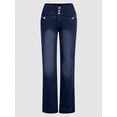 thumbnail image 2 of Pantalones vaqueros de tiro medio ajustados con costuras y botones para mujer, azul marino, pequeño, 2 of 5