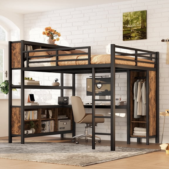 Queen Size Metal Loft Bed with Wardrobe and L-Shaped Desk, Heavy-Duty Frame with Storage Cubes & Shelves for Space Saving Bedroom, Black & Wood,3 pcs shipment