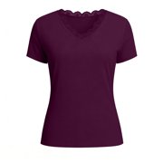 VEKDONE Womens Tops Short Sleeve Lace V Neck Shirts Stretch Slim Fit Modal Blouses Summer Casual Lightweight Tunic Tops Solid Color Basic T-Shirts Purple XL
