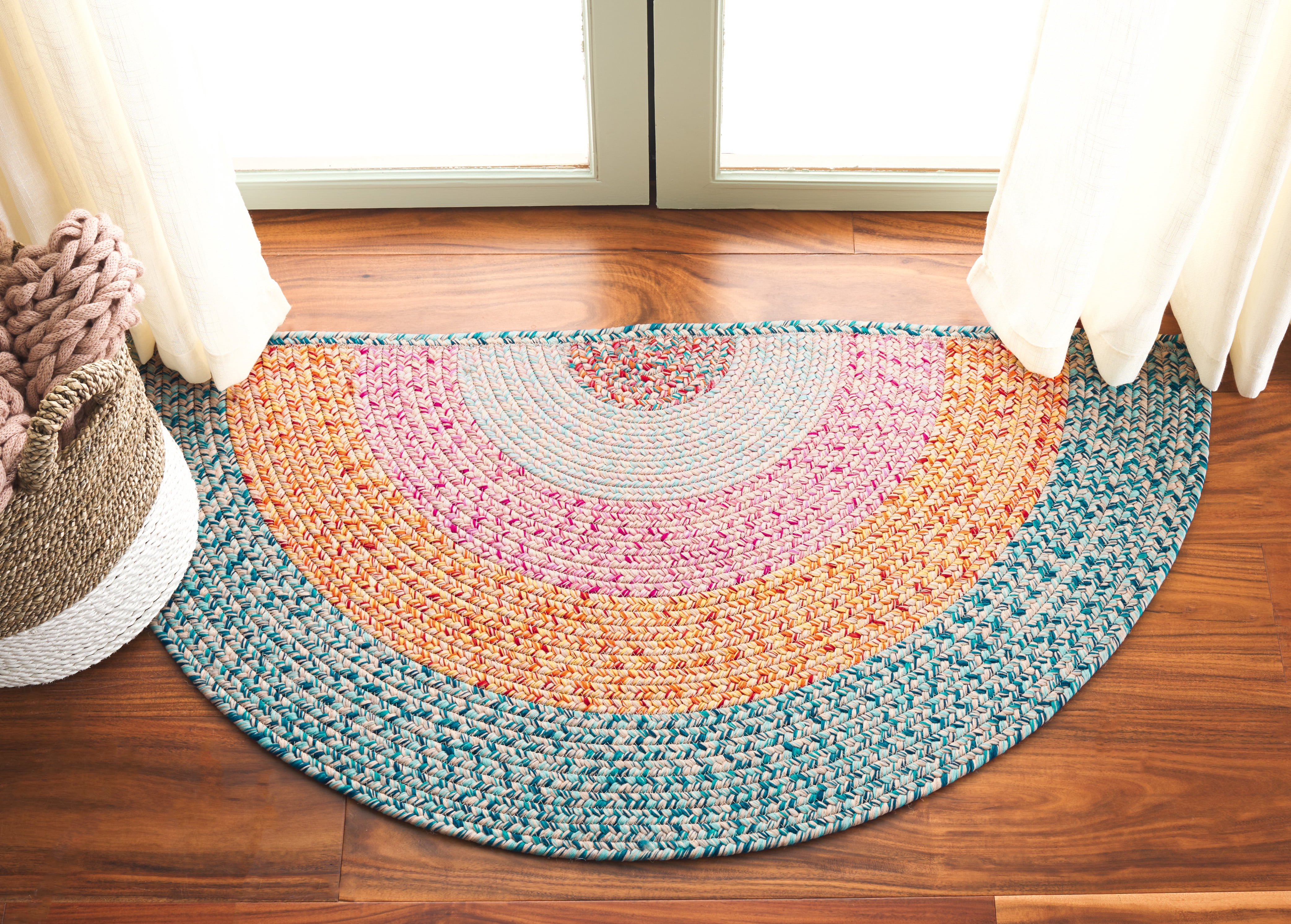 SAFAVIEH Braided Kent Geometric Machine Washable Reversible Area Rug, Aqua/Pink, 2' x 4' Half Moon