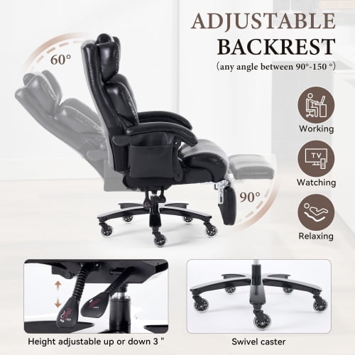 Bellemave Big and Tall Office Chair 400LBS Ergonomic Gaming Chair with High Back 360 Swivel & Headrest Footrest 150° Reclining Adjustable backrest Armrests Pockets and Pillow, Black