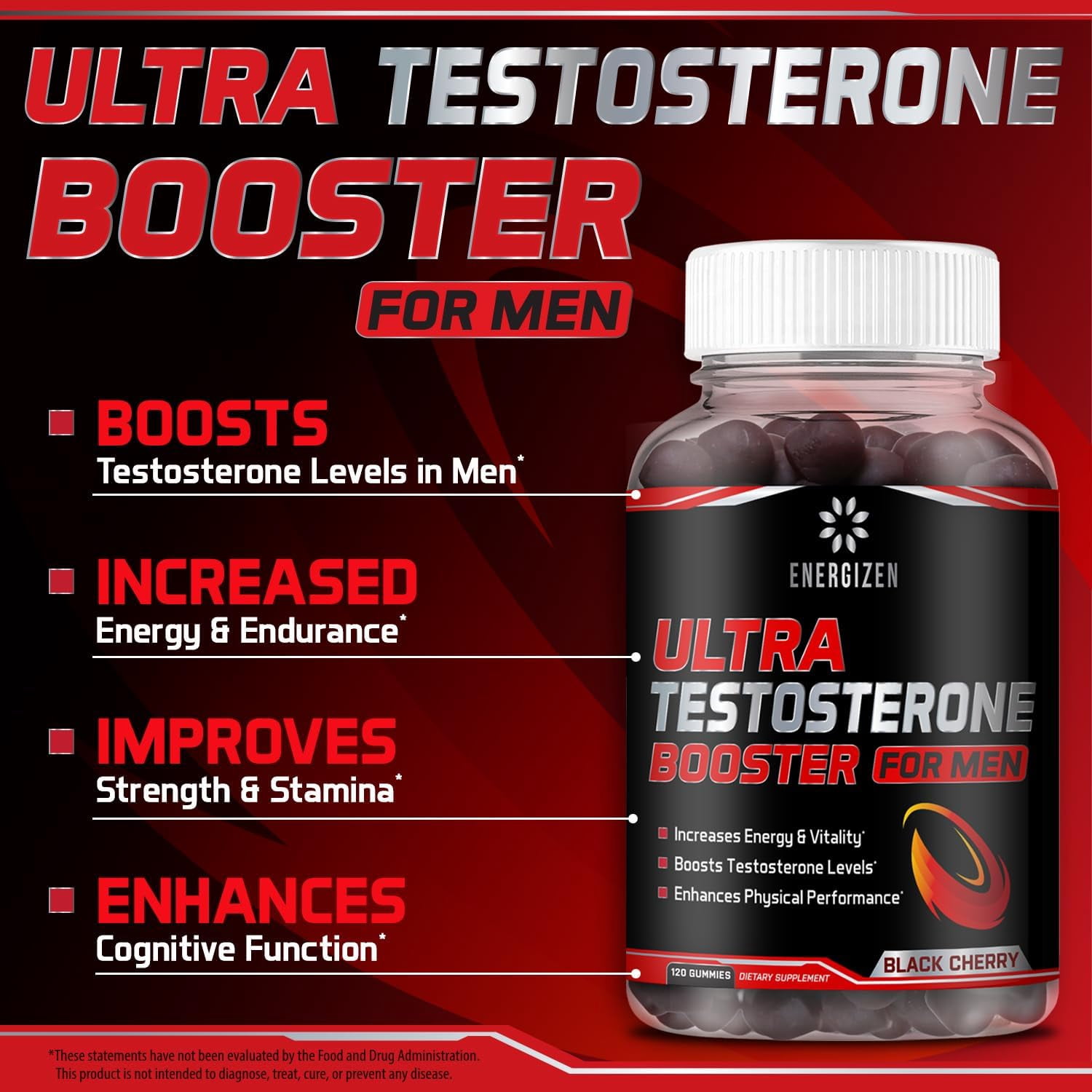 8 in 1 Testosterone Booster for Men with Tongkat Ali, Fenugreek, Ashwagandha and Magnesium - Improve Libido & Hormonal Balance, Non GMO Made in the USA, Black Cherry, 120 Count Gummies for Men