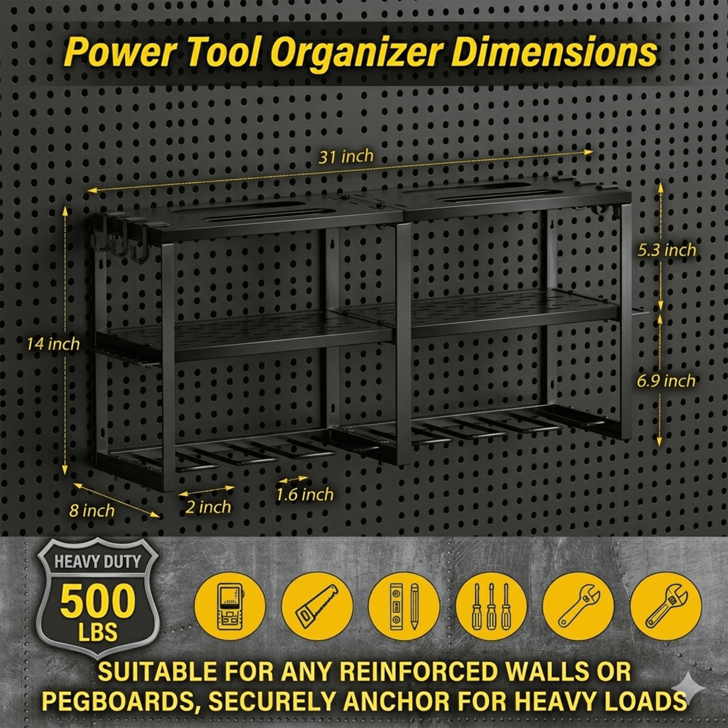 Birodeko Power Tool Organizer Wall Mount, 3-Layer Heavy Duty Garage Storage Rack with 8 Drill Holder Slots & Side Hooks (Black)