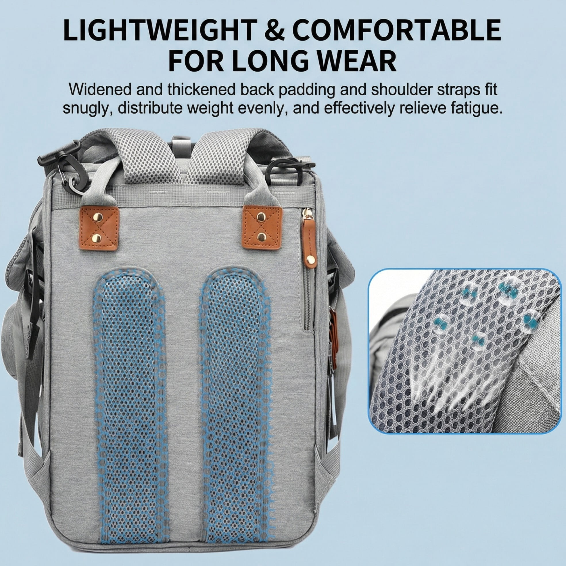 Multi-functional diaper backpack with changing pad, foldable crib, insulated bag, and USB charging port. A large-capacity travel bag suitable for parents, in gray.