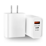 [2-PACK] Dual-Port Fast Charger, USB-A & TYPE-C Wall PD Charger with QC 3.0, Compatible w/ iPhone, iPad, Samsung, Google Pixel, etc. [WHITE]