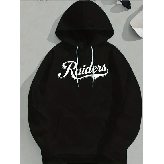 Men'S Plus Size Hoodie - Black with White 'Raiders' Lettering - Loose Fit Pullover Sweatshirt, Machine Washable Hooded Sweater for Everyday & Formal Outfits - Big & Tall Friendly Casual Wear,
