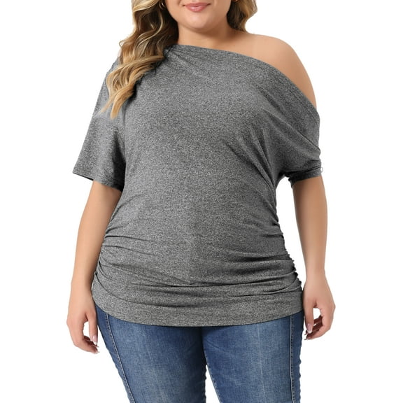 Agnes Orinda Women's Plus Size Tops Solid One Shoulder Short Sleeve Casual Blouses 4X Gray