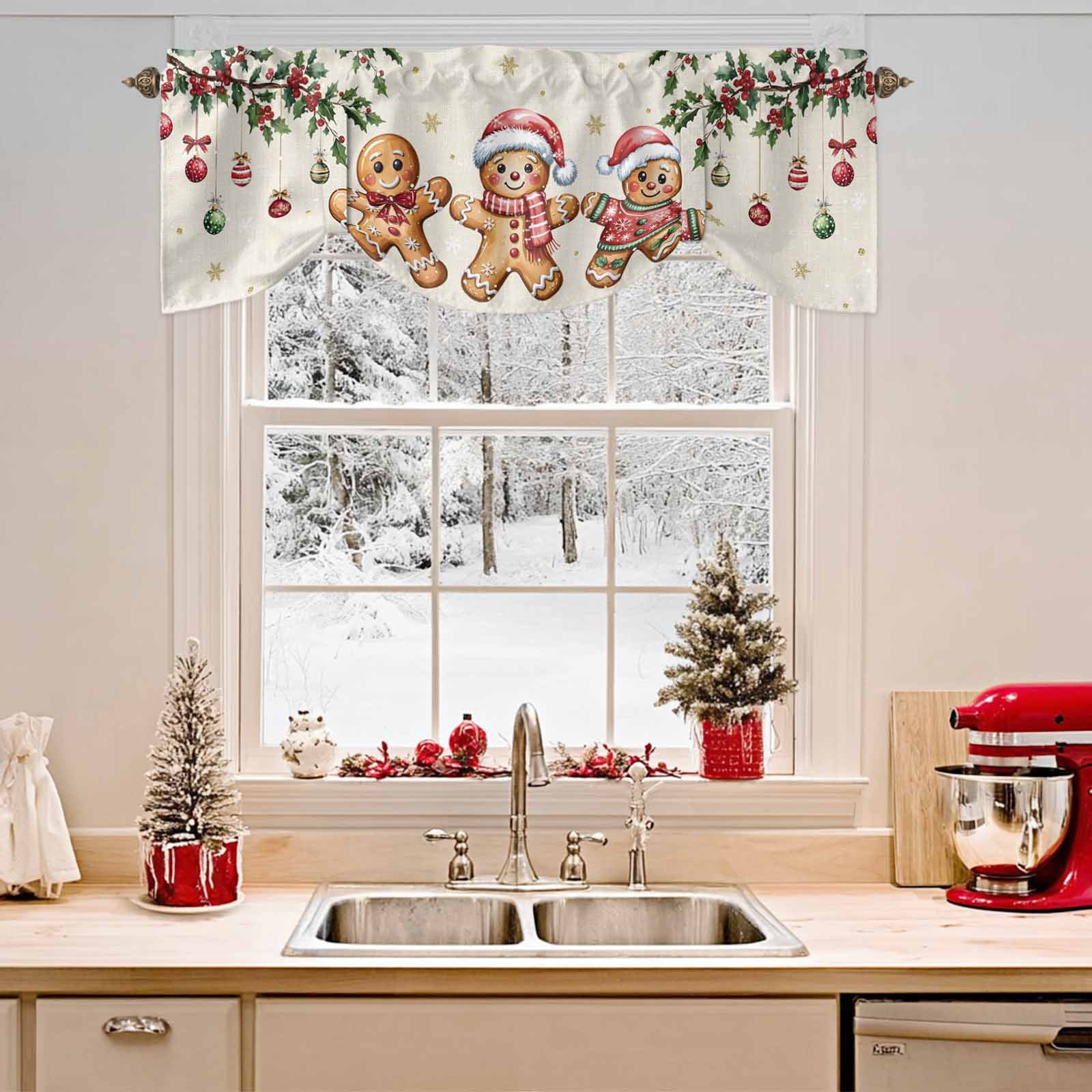 Christmas Gingerbread Man Tie Up Valances Curtain, Xmas Holly Berry Linen Texture Adjustable Rod Pocket Short Window Treatment Tie Up Curtains Valances for Kitchen Living Room Bathroom 54x18 In