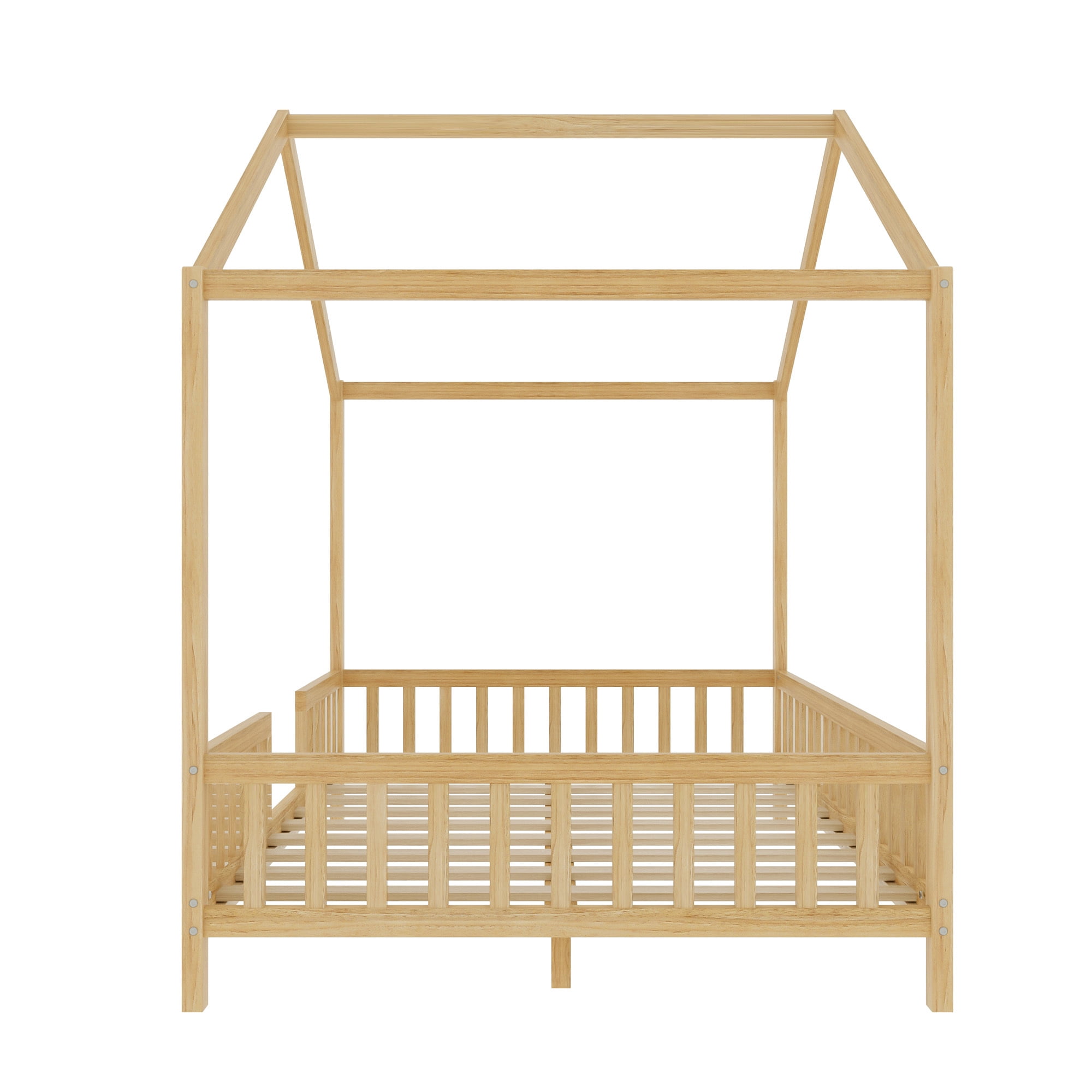 MODERNLUXE Full Size Montessori Floor Bed with Canopy,House Bed Frame with High Railings and Roof,Wood Tent Bed for Teens Girls & Boys,Natural