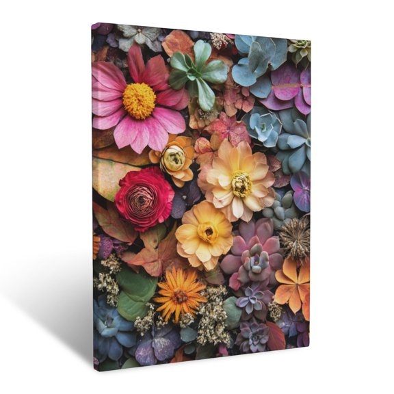 CozyNet Creative Top Down Botanical View Of Pressed Flowers, Succulents & Vibrant Leaves Wall Art Prints With Frame Canvas Perfect for Living Room & Bedroom, Ready to Hang, Wall Decor 12"x16"in