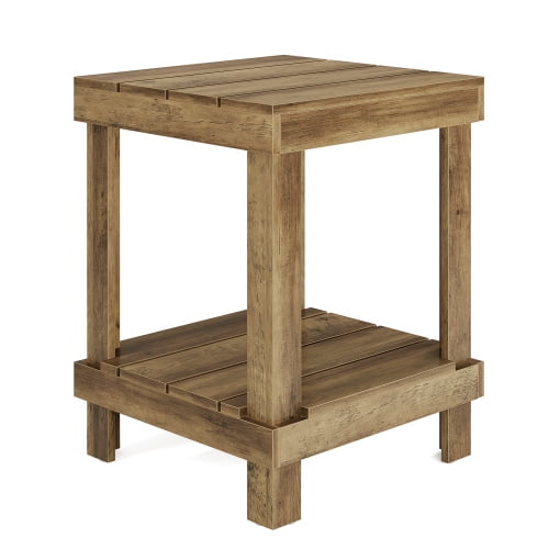 15.7" 2-Tier Wooden End Table with Open Storage Shelves – Farmhouse Square Side Table for Living Room or Bedroom, Small Bedside Nightstand, Rustic Natural Finish, Solid Wood Look
