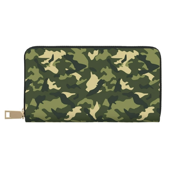 Leather Thin Slim Wallets for Women Men - Classic Camouflage Green Clutch Card Wallet for Women Men with Zipper