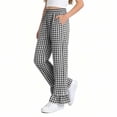 thumbnail image 4 of dazeni Girls Gingham Pants Kids Casual Elastic High Waist Plaid Trousers Soft Ruffle Hem Wide Leg Pants with Pockets Black 11-12 Years, 4 of 7