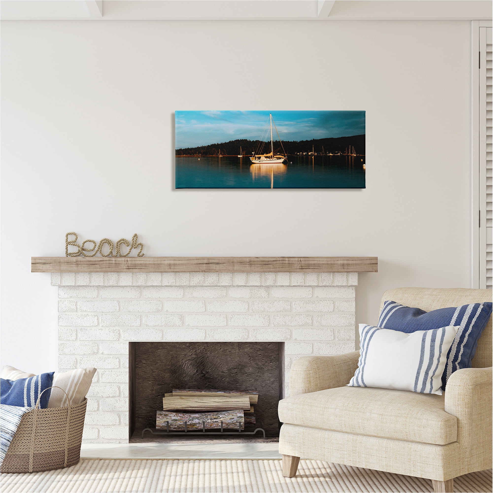 Stupell Industries Boat Lights at Night Landscape Photography Gallery Wrapped Canvas Art Print Wall Art, 40 x 17
