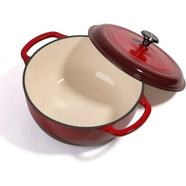 Enameled Cast Iron Covered Dutch Oven, 6Quart,Bread Baking Pot with Lid, RED