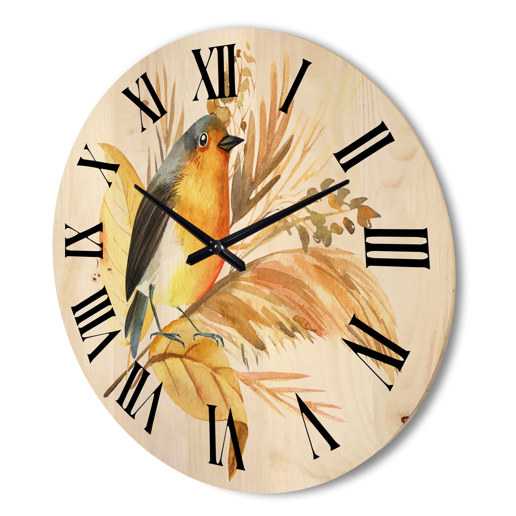 Designart 'Autumn Flowers and Robin Bird' Traditional Wood Wall Clock