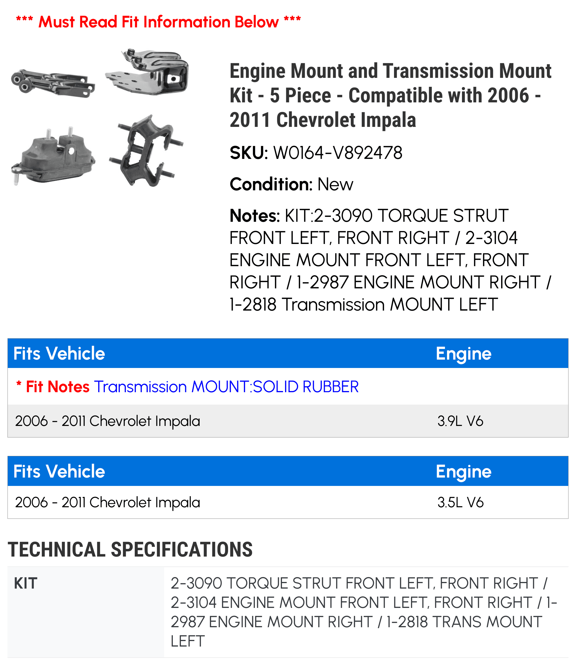 Engine Mount and Transmission Mount Kit - 5 Piece - Compatible with 2006 - 2011 Chevy Impala 2007 2008 2009 2010