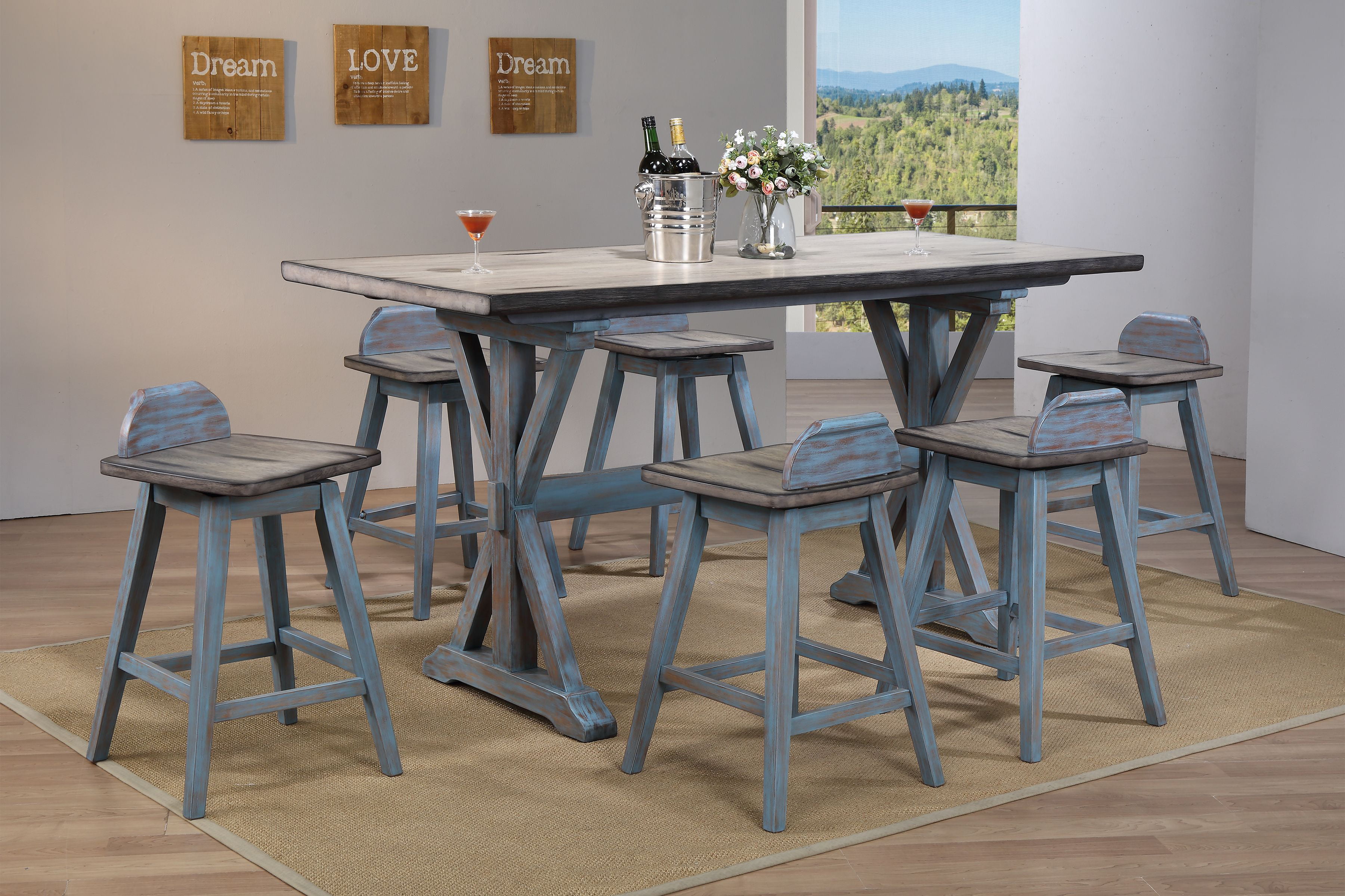 Kris 7-Piece Counter Height Dining Set, Distressed Gray & Washed Blue