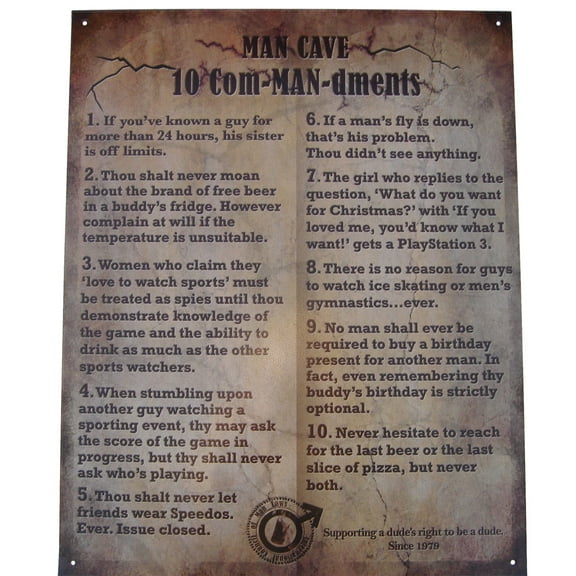 TreasureGurus Man Cave 10 Com-Man-Dments Tin Sign