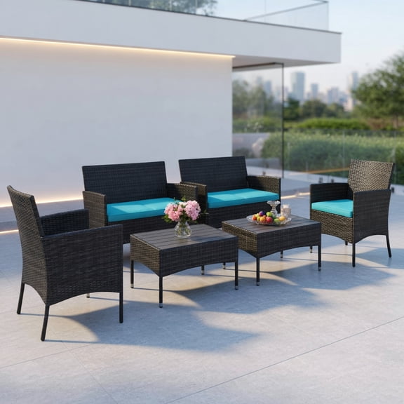 Kadyn 4-Piece Outdoor Rattan Sofa Set with Tempered Glass Coffee Table – Turquoise Cushions, All-Weather PE Wicker Patio Furniture for Backyard, Poolside & Balcony