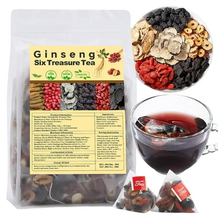 Ginseng Six Treasure Tea - Natural Chinese Traditional Herbal Ginseng Five Treasures Kidney Detox Cleanse Teabag For Men Women 25 Bags