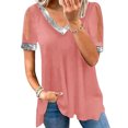 thumbnail image 5 of Camiseta informal de verano con empalme de tela brillante y manga corta con cuello en V y hombros descubiertos para mujer, 5 of 5