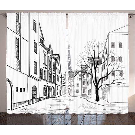 Ambesonne Eiffel Tower Curtains 2 Panel Set, Paris Street Art, 108" x 90", Black White