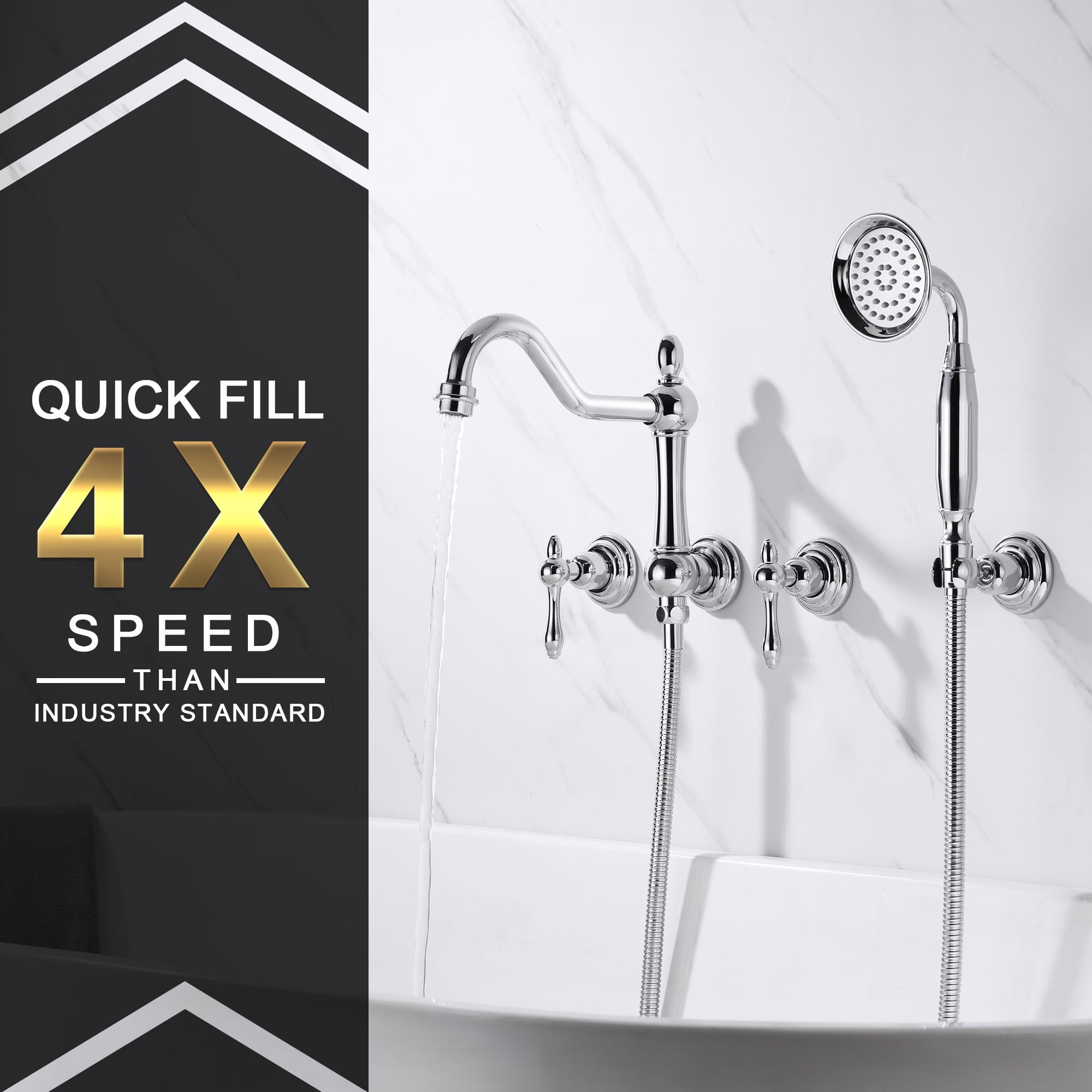 SUMERAIN Vintage Wall Mounted Bathtub Faucet with Hand Shower, High Flow Tub Filler with Rough-in Valve, Chrome