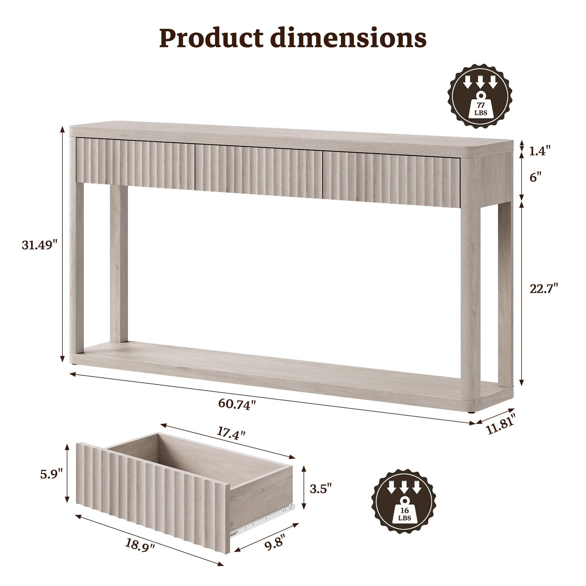 SICOTAS 61 inch Long Console Table Set of 2 with 3 Large Drawers, Modern Fluted Sofa Table Behind Couch with Open Storage Shelf, Entryway Table for Living Room, Hallway, Foyer, Light Grey Alder
