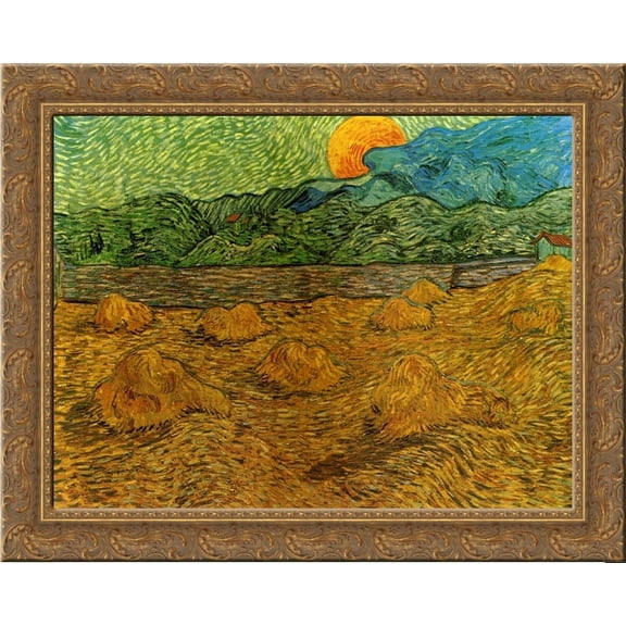 Evening Landscape with Rising Moon 24x20 Gold Ornate Wood Framed Canvas Art by Vincent van Gogh
