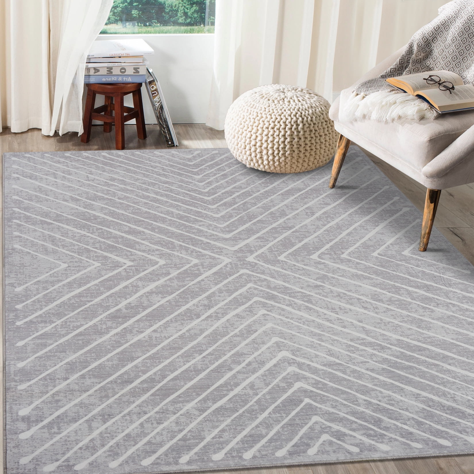 FairOnly 8'x10'Modern Area Rug with Symmetrical Fine Lines Machine Washable Low Pile Non-Slip Geometric Rugs for Living Room Bedroom，Light Grey