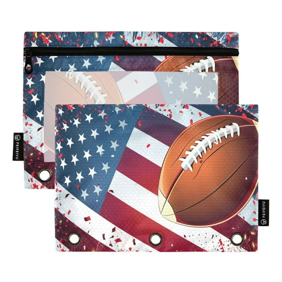Dailycode American Football with Flat Pencil Pouch Case for 3 Ring Binder Smooth Zipper Folders with Pockets Clear Window 2 Pack