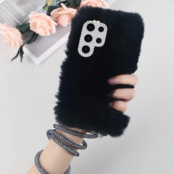 Compatible with Galaxy S24 Ultra Case Cute Plush Furry Case with Glitter Lanyard Strap Bling Diamond Camera Lens Protection Soft Fluffy Shockproof Cover for Women Girls, Black
