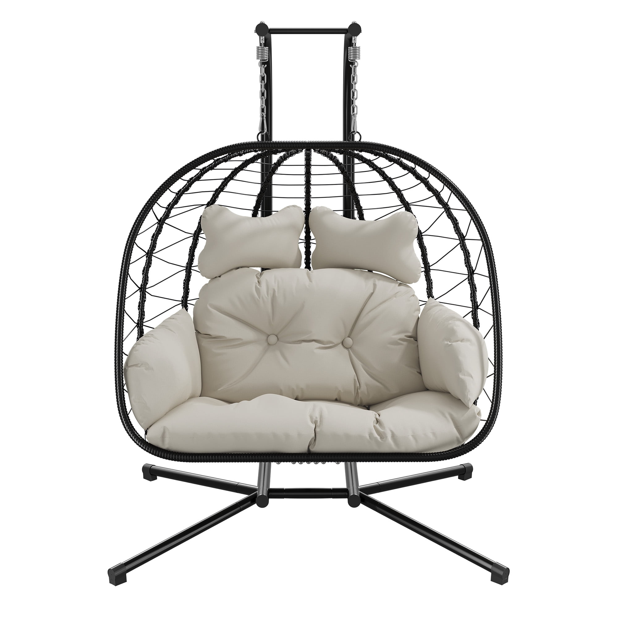 LHBcraft Double Wicker Swing Egg Chair Hammock Foldable Hanging Loveseat with Stand, UV Resistant Removable Cushions, 700LBS Capacity for Bedroom, Balcony (Black and Beige)