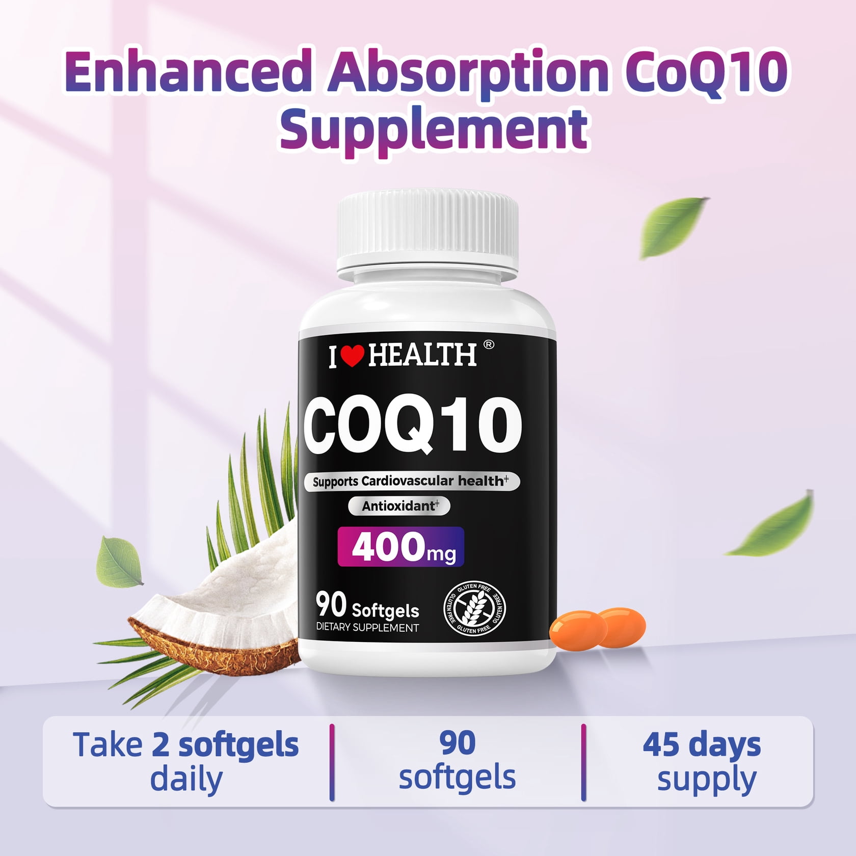 2 Pack CoQ10 400mg Supplements, Supports Cardiovascular Health & Antioxidant，180 Softgels，Made in USA