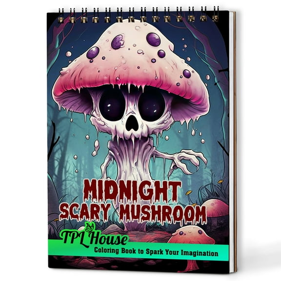 TPLHOUSE Midnight Scary Mushroom Coloring Book Spiral Bound for Adults, A5 Wooden Cover, 30 Bone-Chilling Coloring Pages in Spooky Mushroom for Stress Relief and Relaxation