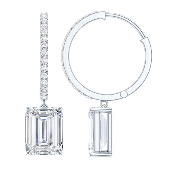 Rosec Jewels Emerald Cut Moissanite Drop Earrings for Women - 7X9 mm - D-VS1 Grade, 10K White Gold