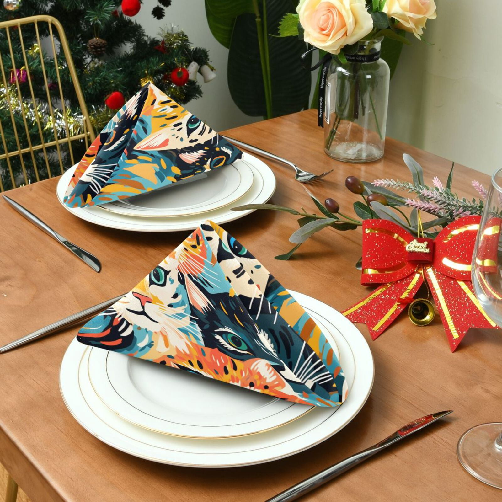 JSTEL Cat Painting Cloth Napkins Set of 6, 20x20 Inch Washable and Reusable Napkin for Decoupage Dinner Party Everyday Use
