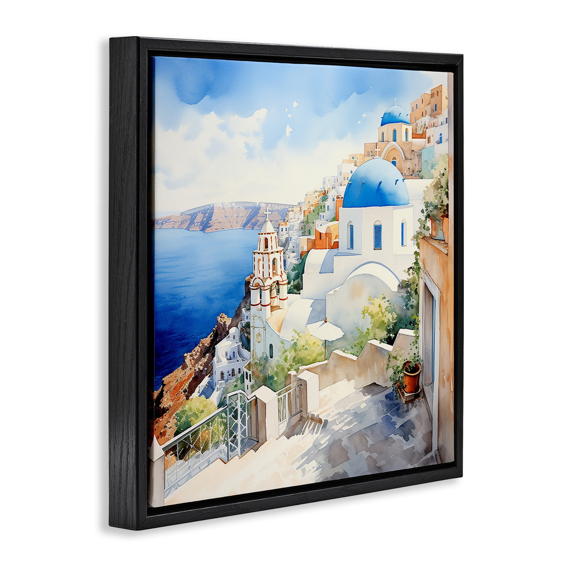 Stupell Industries Santorini City Landscape Travel & Places Painting Black Floater Framed Canvas Art Print Wall Art, 18 x 18