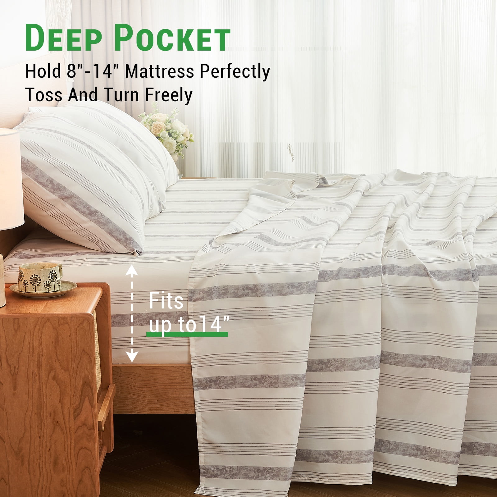 Gogreen Gray Striped Queen sheet set with Deep Pocket Fitted Sheet Set, Breathable Microfiber Printed Bedsheets