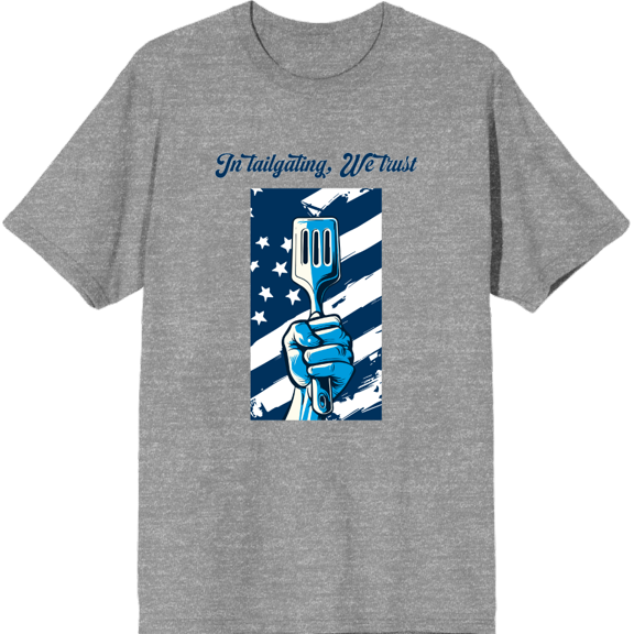 In Tailgating We Trust American Flag And Spatula Adult Heather Gray Crew Neck Short Sleeve Tee-Large