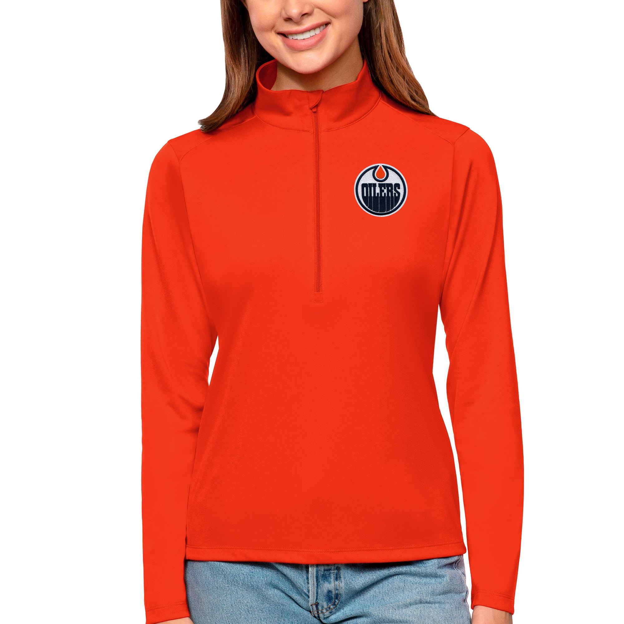 Women's Antigua Orange Edmonton Oilers Tribute Quarter-Zip Pullover Top