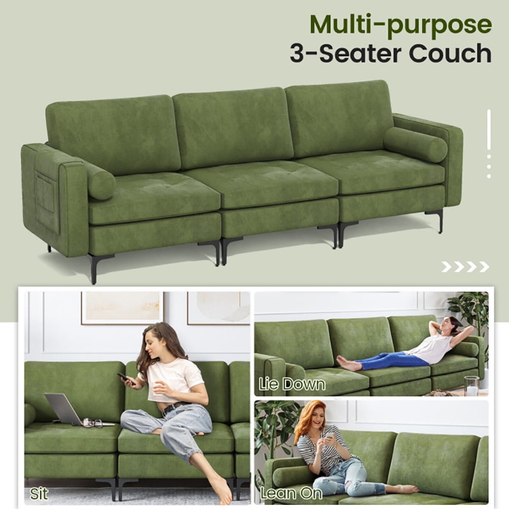 Finihen Sectional Sofa Couch, Sofa Bed, 3-Seat Sofa Sectional with Side Storage Pocket and Metal Leg, for Living Room, Army Green Finihen Sectional Sofa Couch, Sofa Bed, 3-Seat Sofa Sectional with Side Storage Pocket and Metal Leg, for Living Room, Army Green