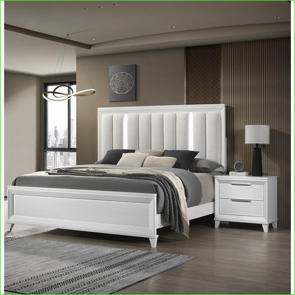 Bedroom Furniture Set King Size Bed with 2 Nightstands | Modern LED Headboard, Upholstered Cushion | Solid Wood | Ivory