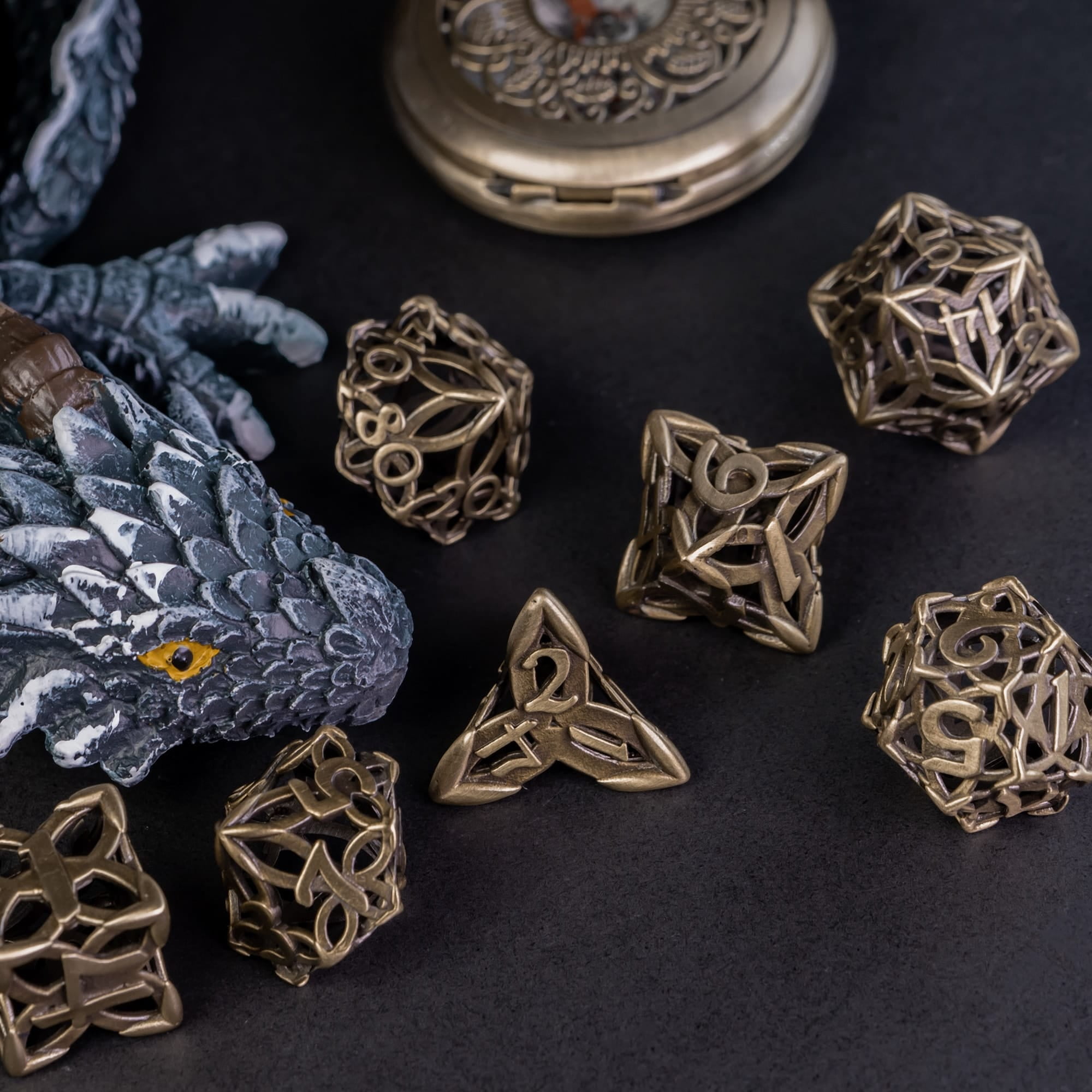 Cusdie Hollow Metal Dice, Celtic Knot D&D Dice, 7 Pcs Metal Dice Set, Polyhedral Dice Set, for Role Playing Game MTG Pathfinder