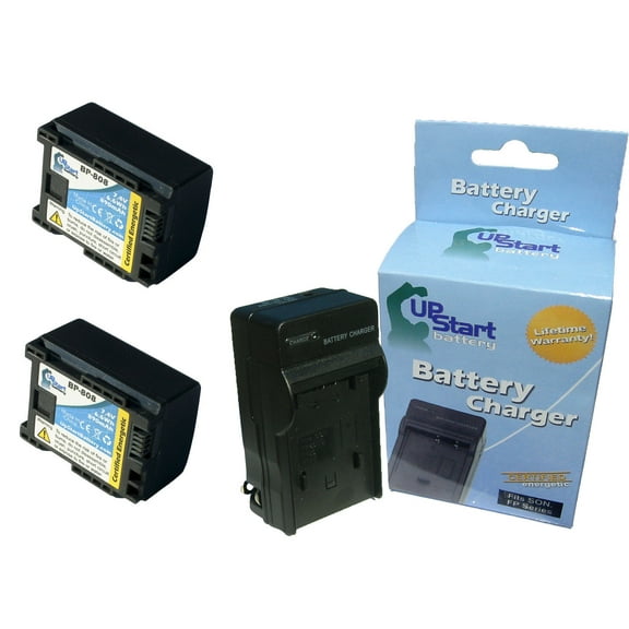 UpStart Battery New - Fully Decoded BP-808 Replacement 2 Batteries Charger Kit for Canon Camcorders